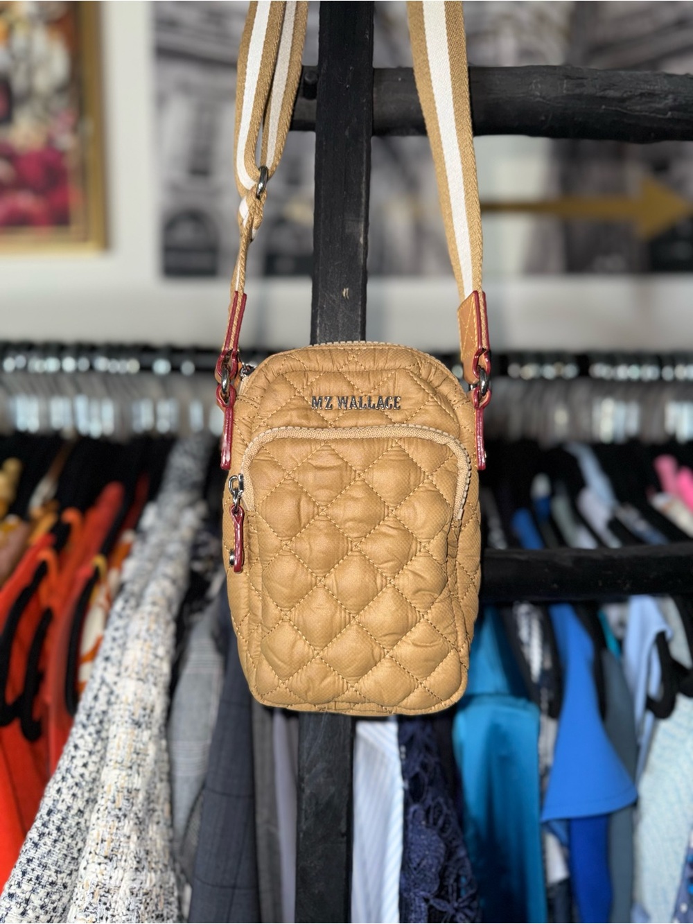 MZ Wallace Metro Quilted Nylon Micro Crosby Crossbody Bag Tan Camel - Picture 2 of 12